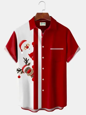Alohadaddy Christmas Holiday Red Men's Bowling Shirts Santa Elk Cartoon Stretch Comfortable Easy Care Camp Pocket Shirts