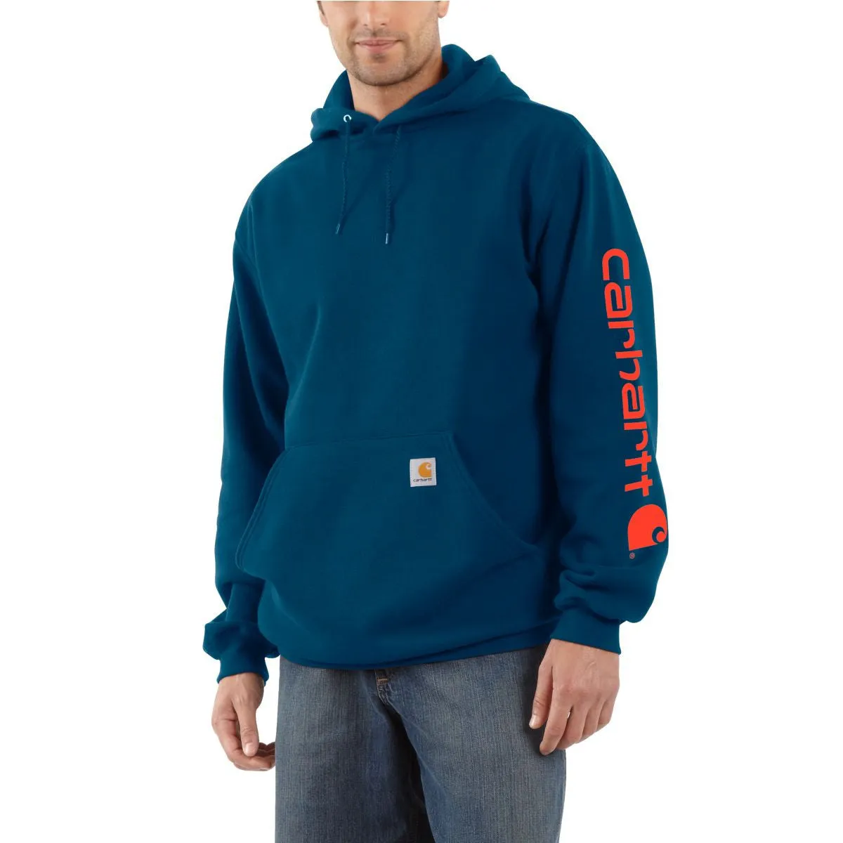 Carhartt Men's Superior Blue Midweight Signature Sleeve Logo Hooded Sweatshirt