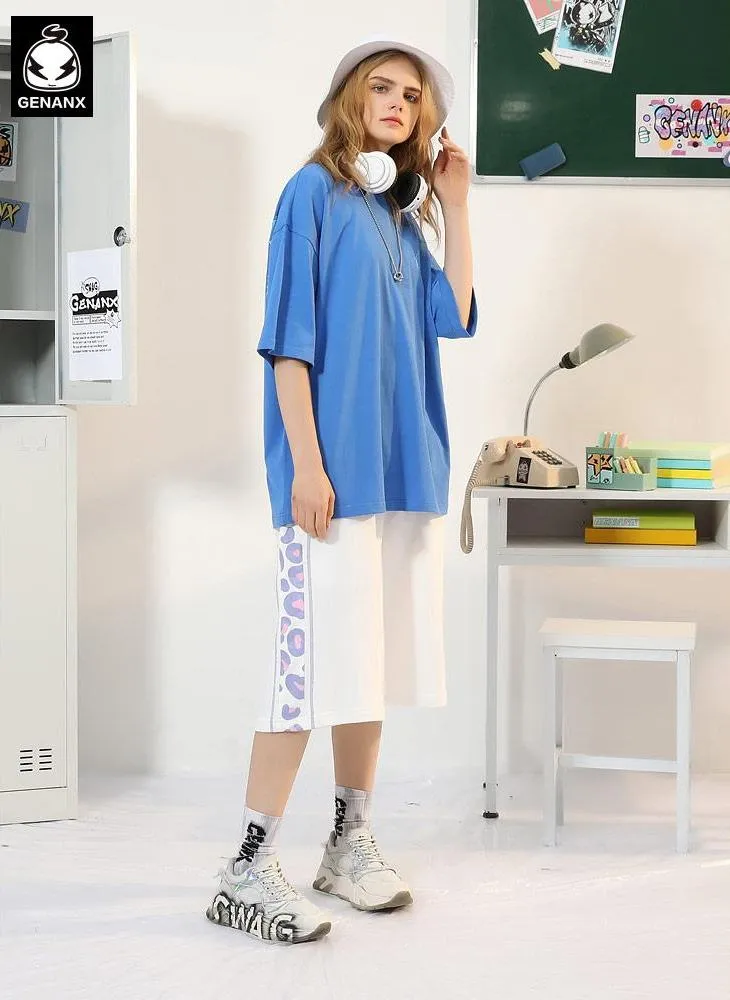 Cartoon Letter Graffiti Print Cotton T-Shirt