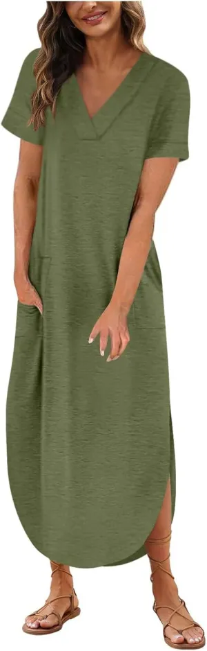 Casual Dresses for Women Summer Short Sleeve T-Shirt Dress Swing A Line Beach Vacation Sundresses with Pockets