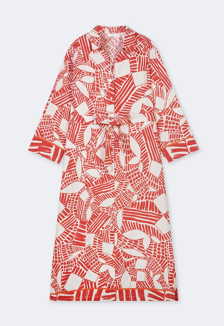 Choice Printed Long Sleeve Belted Shirt Dress Caramel