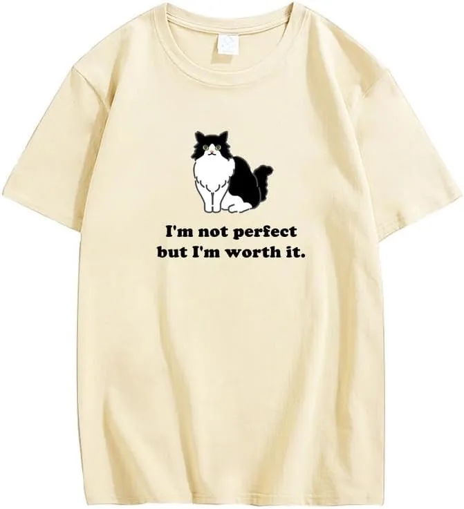CORIRESHA Women's Cute Cat Crewneck Short Sleeve Casual Loose Cotton Personalized T-Shirt