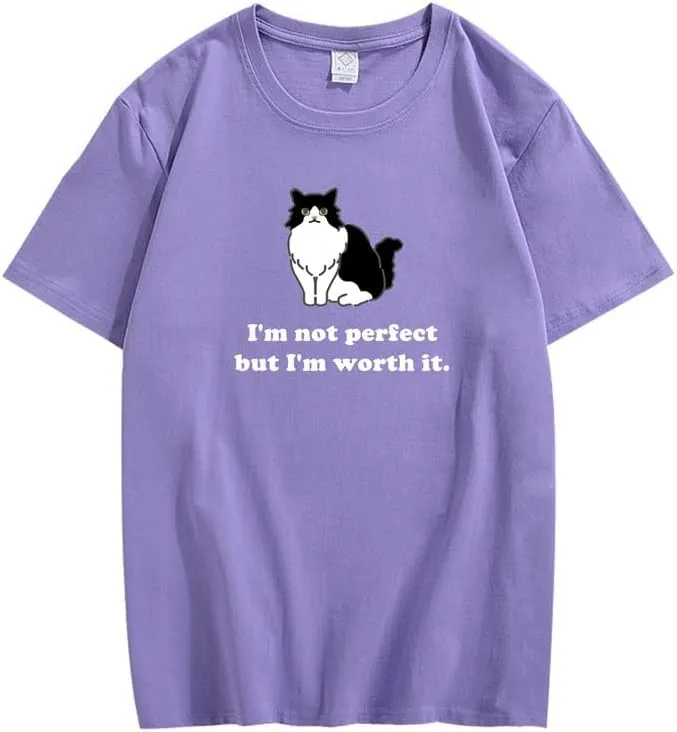 CORIRESHA Women's Cute Cat Crewneck Short Sleeve Casual Loose Cotton Personalized T-Shirt