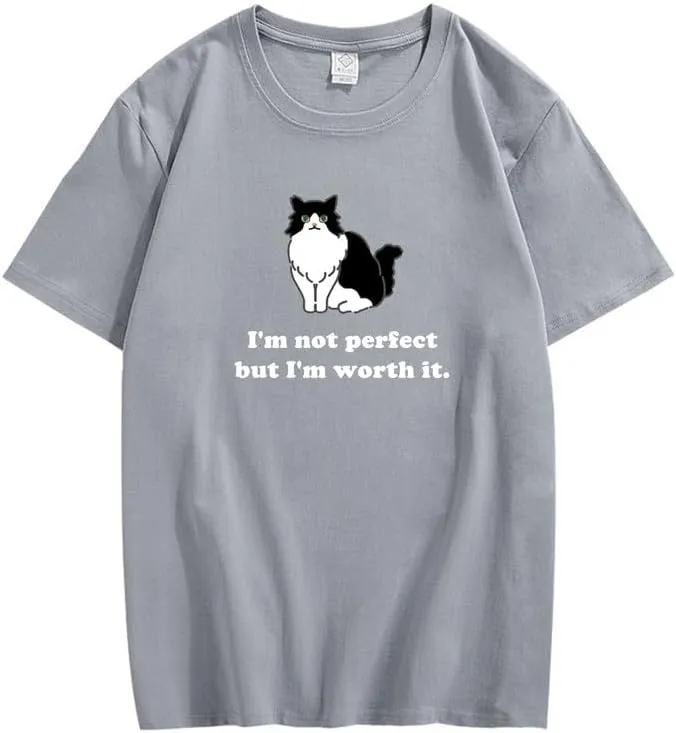 CORIRESHA Women's Cute Cat Crewneck Short Sleeve Casual Loose Cotton Personalized T-Shirt