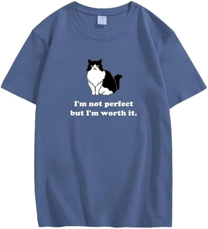 CORIRESHA Women's Cute Cat Crewneck Short Sleeve Casual Loose Cotton Personalized T-Shirt