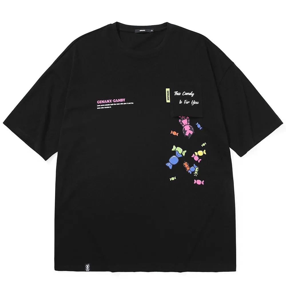 Fun Candy Print Pocket Cotton T-Shirt