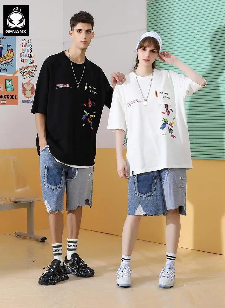 Fun Candy Print Pocket Cotton T-Shirt