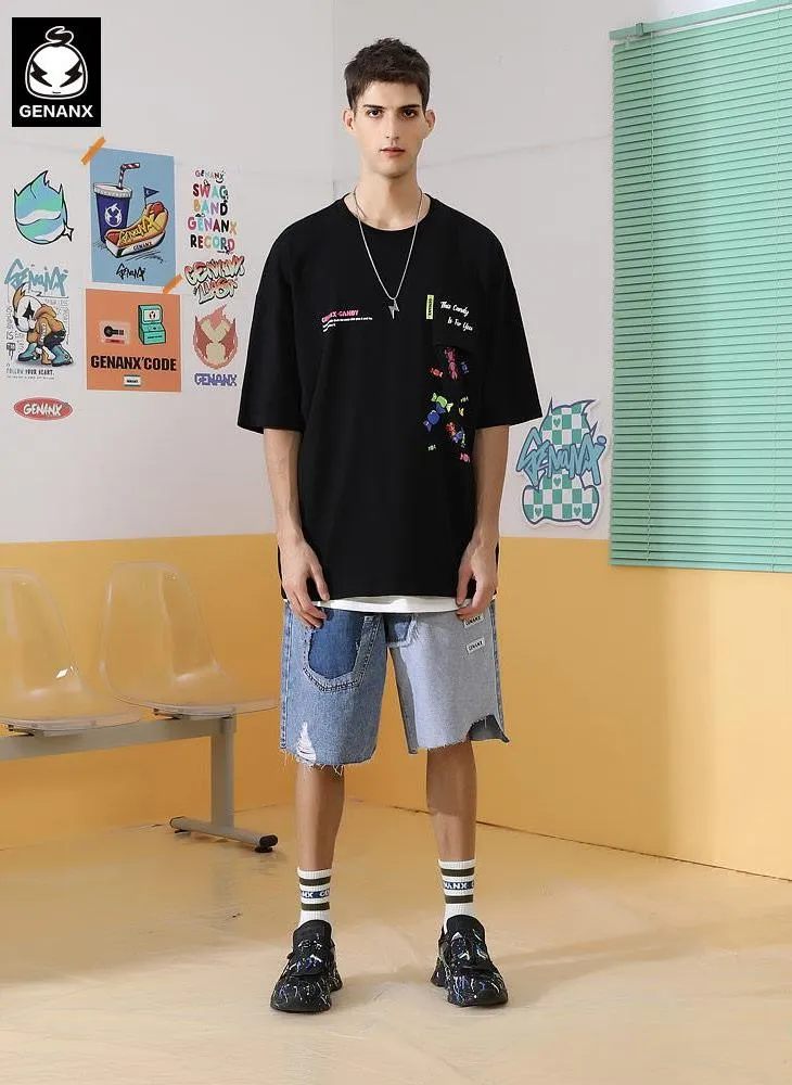 Fun Candy Print Pocket Cotton T-Shirt