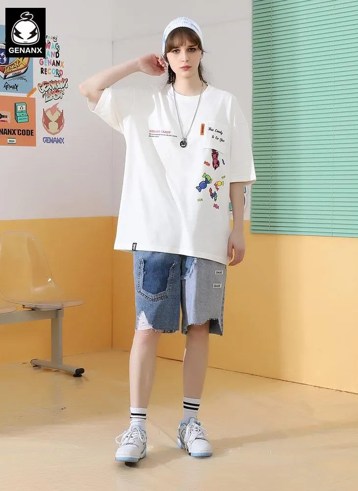 Fun Candy Print Pocket Cotton T-Shirt