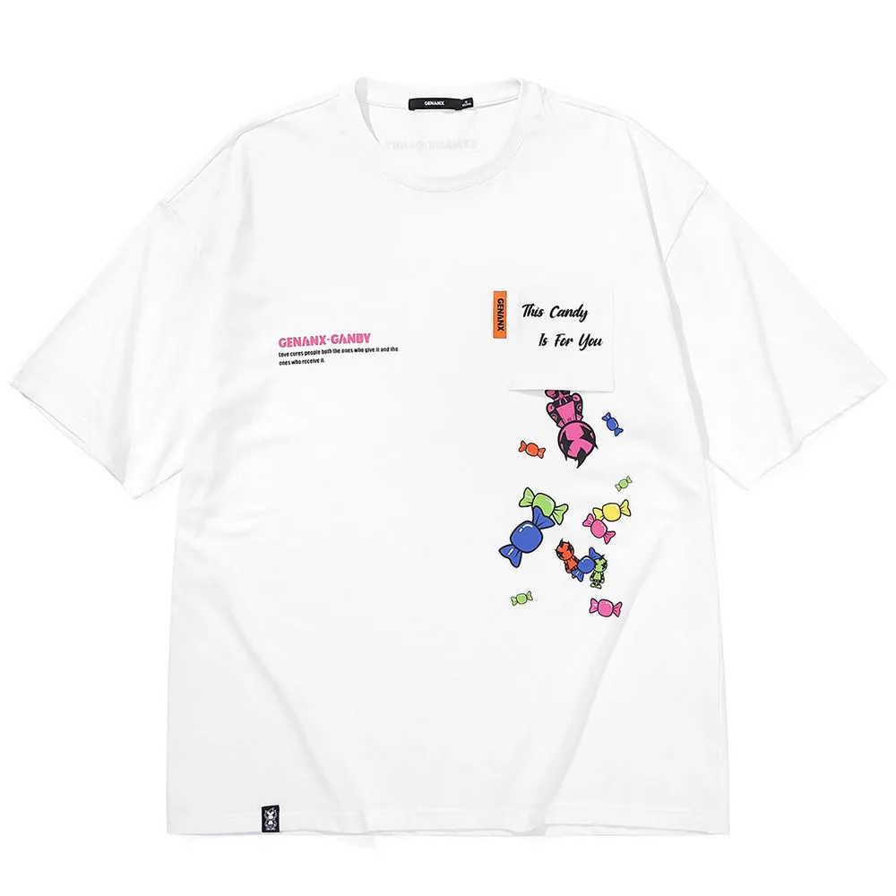 Fun Candy Print Pocket Cotton T-Shirt