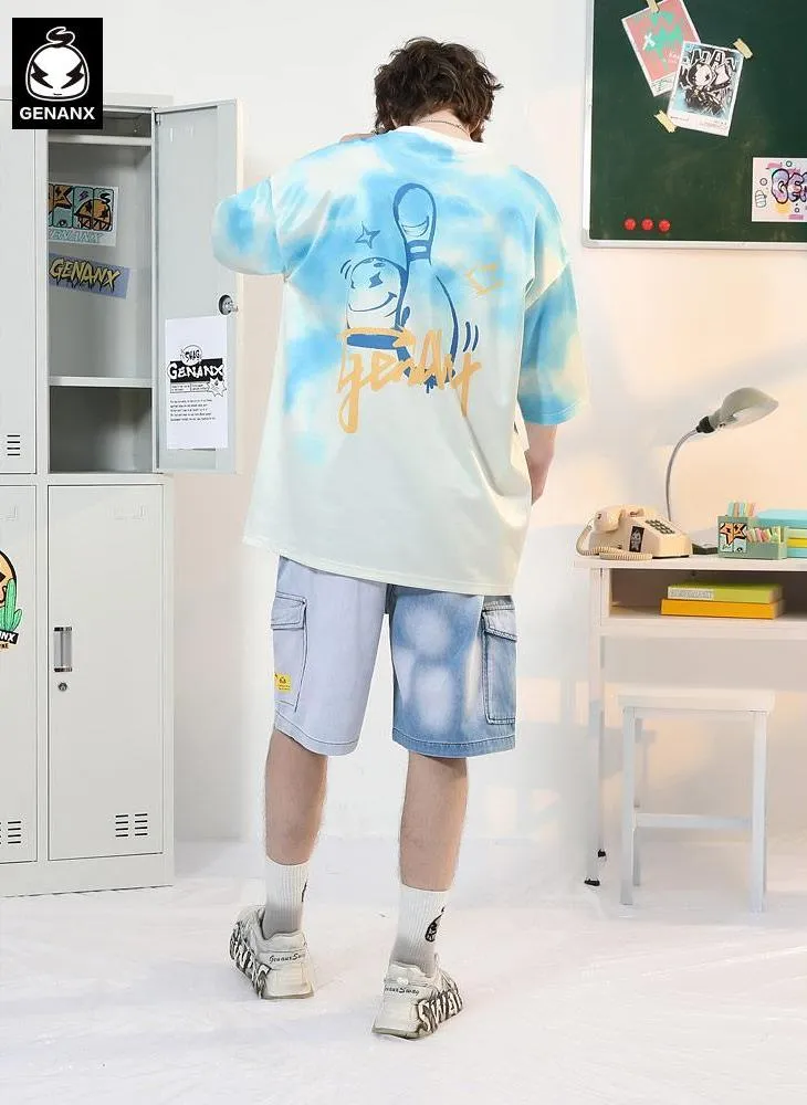 Gradient Cartoon Bowling Bottle Print T-Shirt