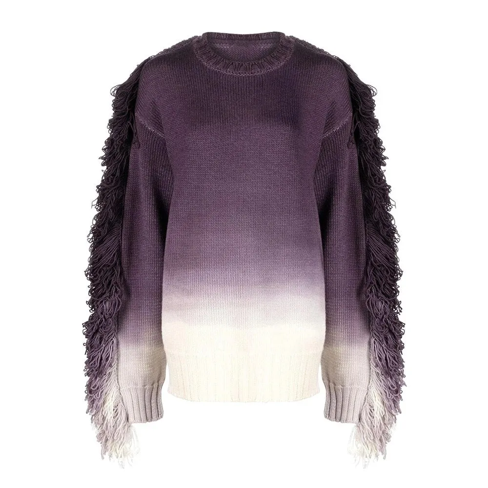 Gradient Spliced Tassel Sweaters For Women Round Neck Long Sleeve Loose Casual Warm Sweater Female Fashion Clothing