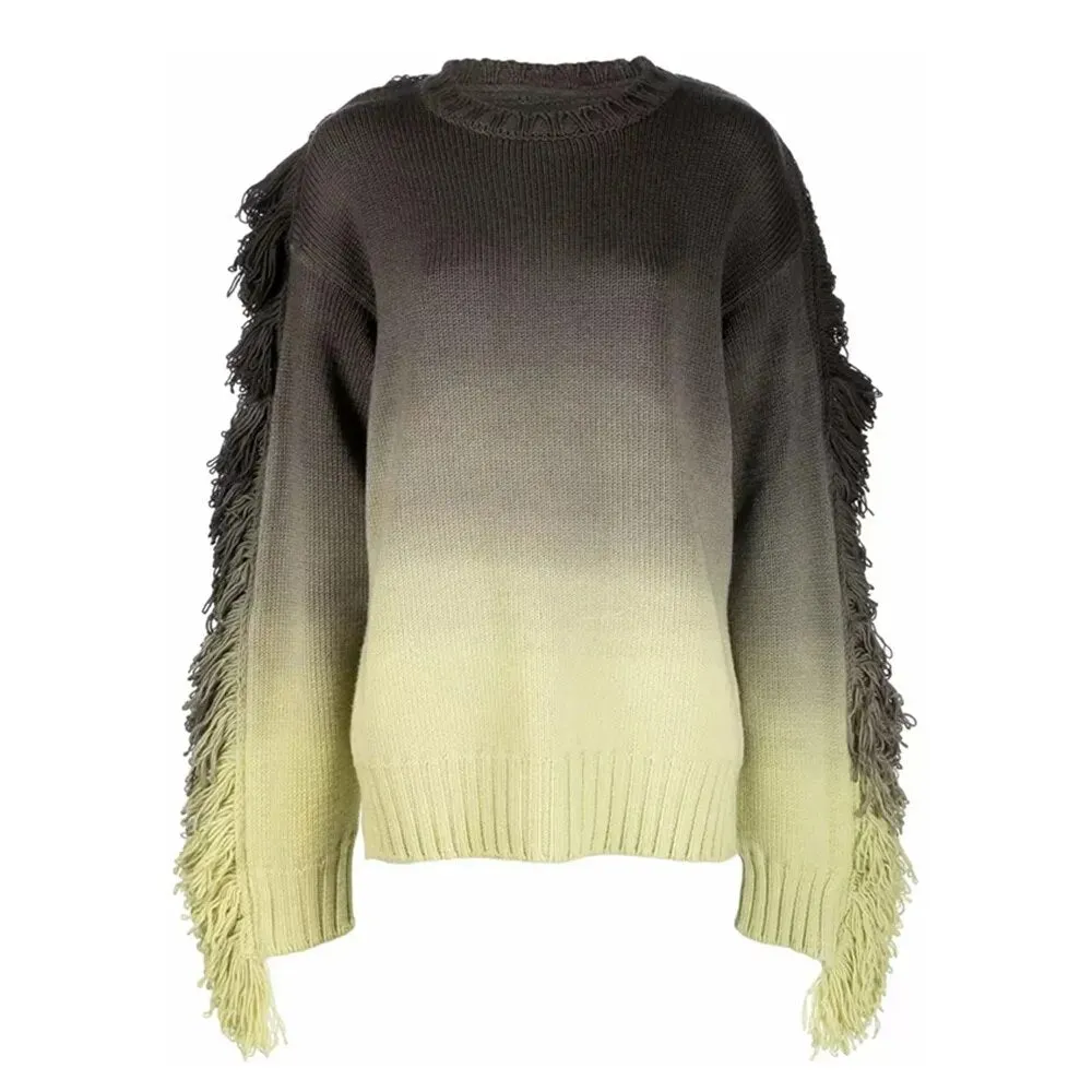 Gradient Spliced Tassel Sweaters For Women Round Neck Long Sleeve Loose Casual Warm Sweater Female Fashion Clothing