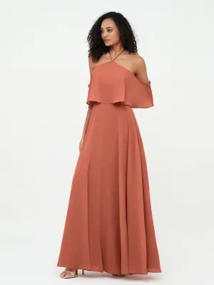 Halter Off the Shoulder Max Dresses with Pockets-Rust