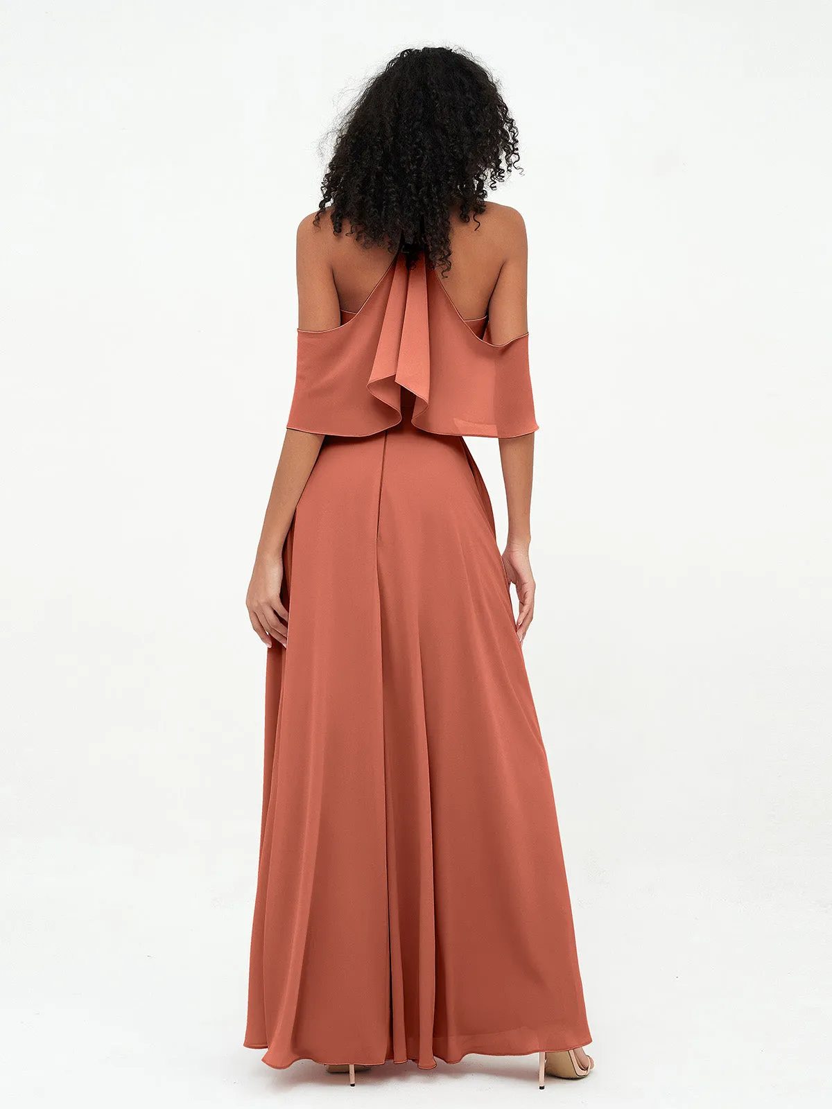 Halter Off the Shoulder Max Dresses with Pockets-Rust