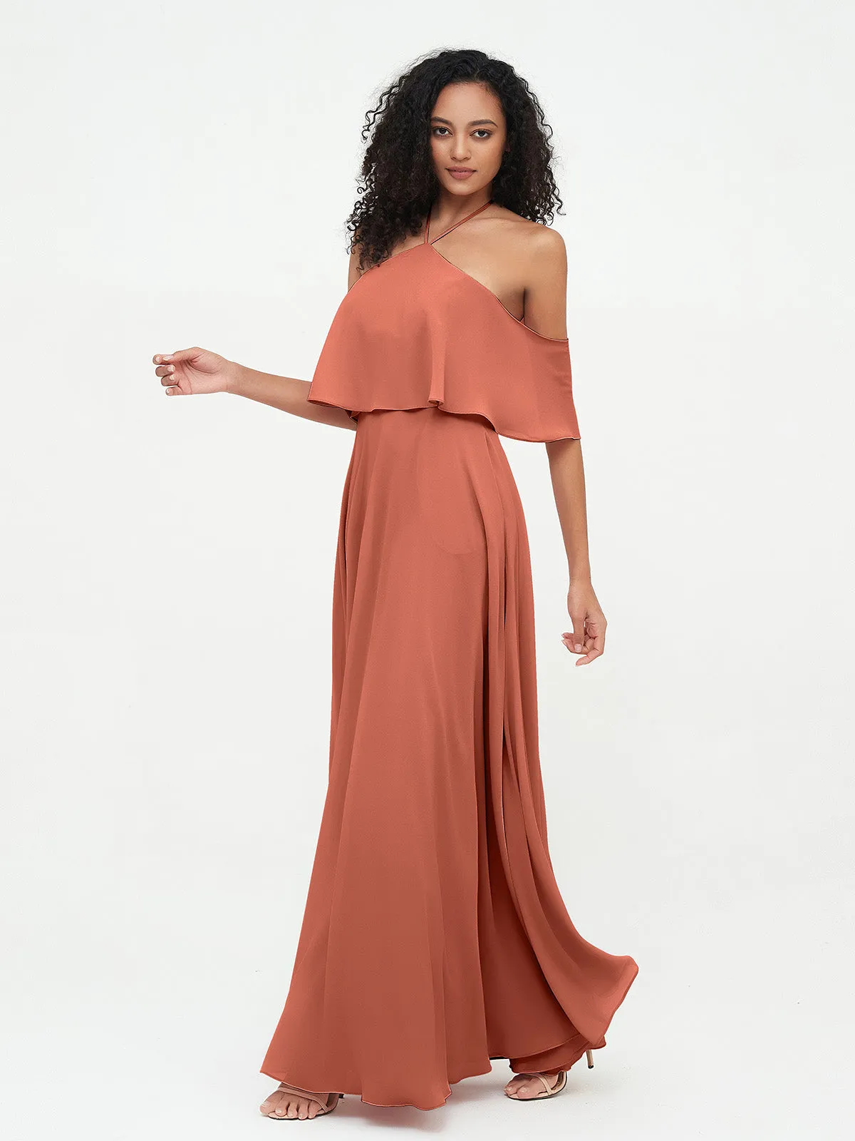 Halter Off the Shoulder Max Dresses with Pockets-Rust
