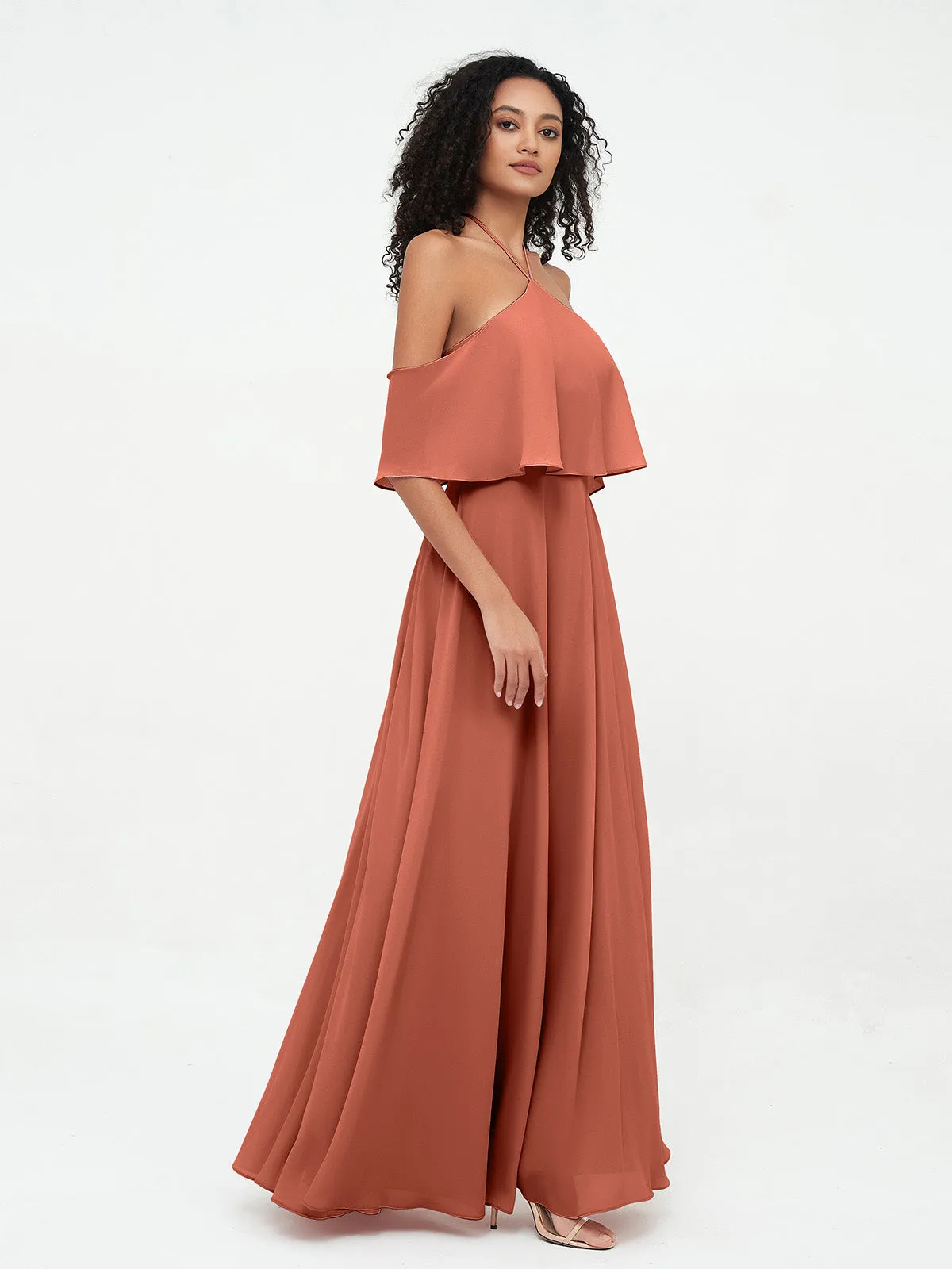 Halter Off the Shoulder Max Dresses with Pockets-Rust
