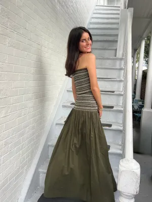 Hazel Midi Dress Olive Green with White