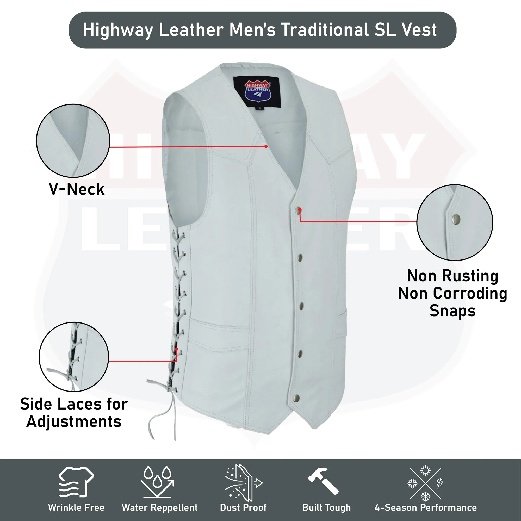 HL11614WHITE Men Side Lace Leather WHITE Vest Traditional