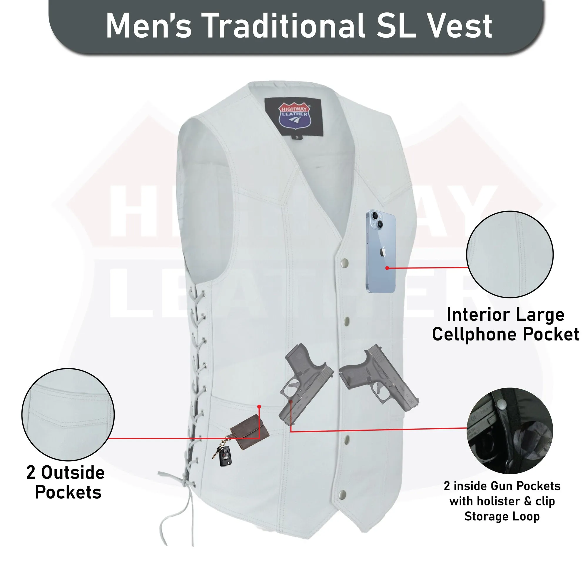 HL11614WHITE Men Side Lace Leather WHITE Vest Traditional