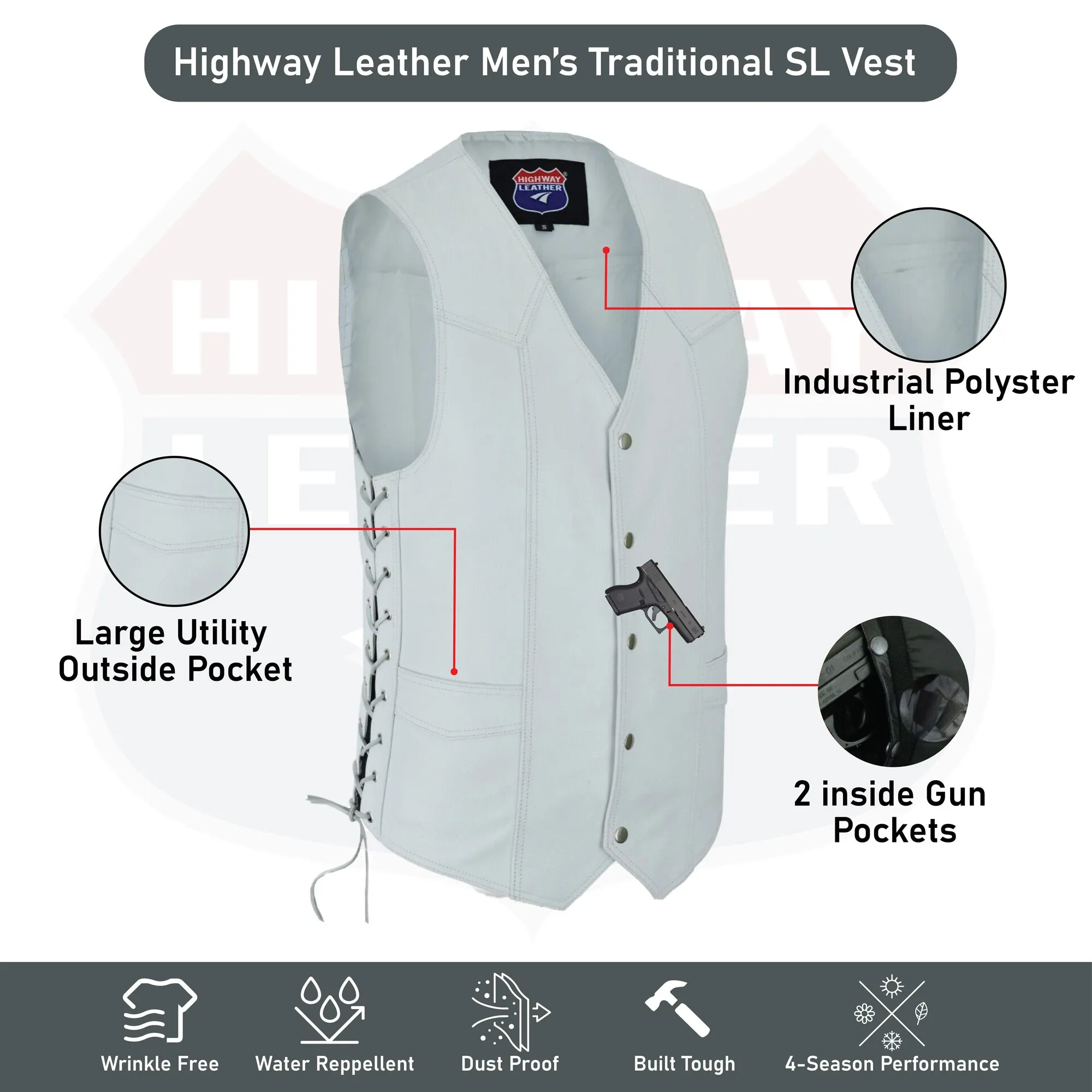 HL11614WHITE Men Side Lace Leather WHITE Vest Traditional