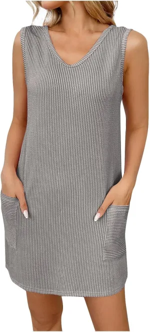 hlysgo Vacation Dress for Women Summer Sleeveless V Neck Beach Mini Sundress Casual Loose Fit Going Out Dresses with Pockets