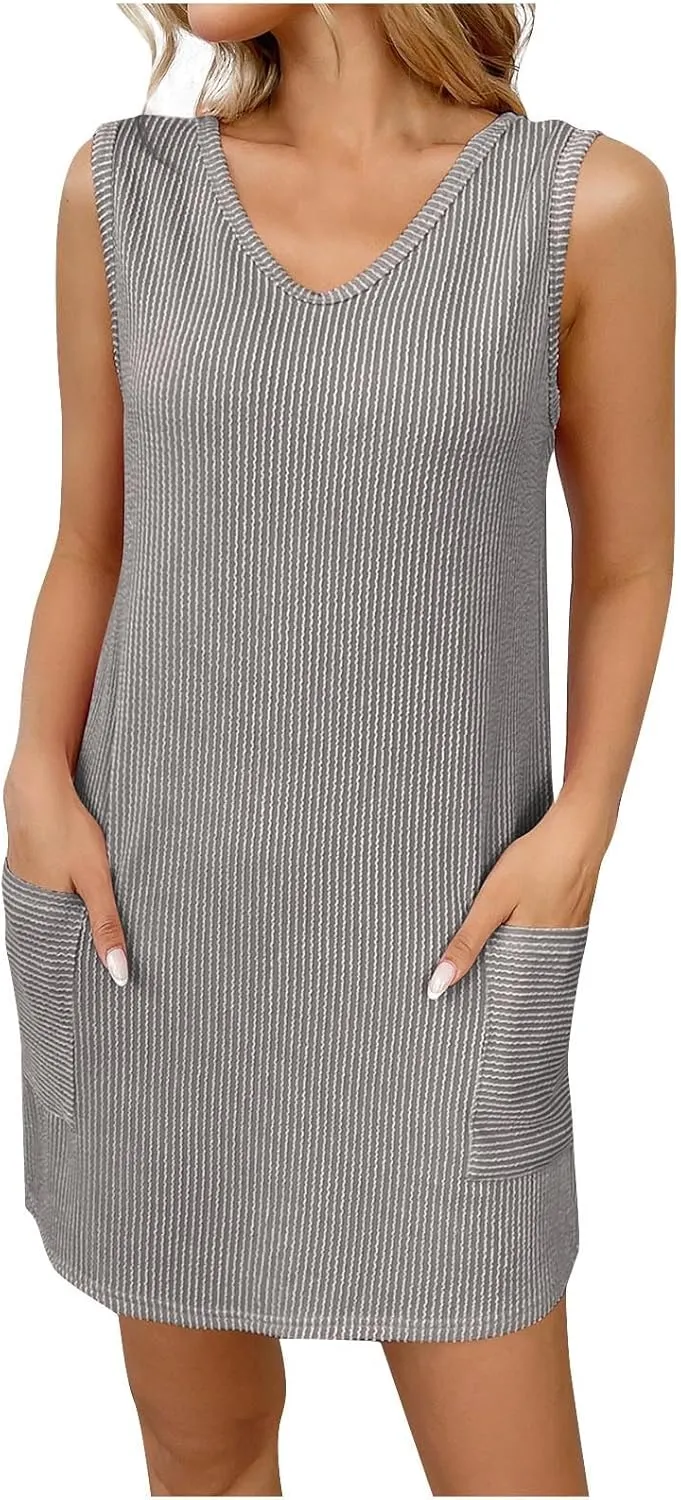 hlysgo Vacation Dress for Women Summer Sleeveless V Neck Beach Mini Sundress Casual Loose Fit Going Out Dresses with Pockets