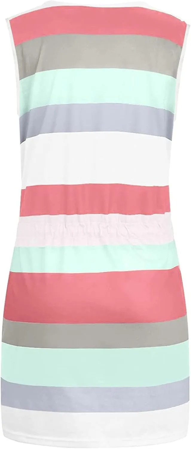 hlysgo Women Summer Petite Dresses 2025 Trendy Stripes Print Drawstring Waist Sleeveless Mini Dress Casual V Neck Sundress