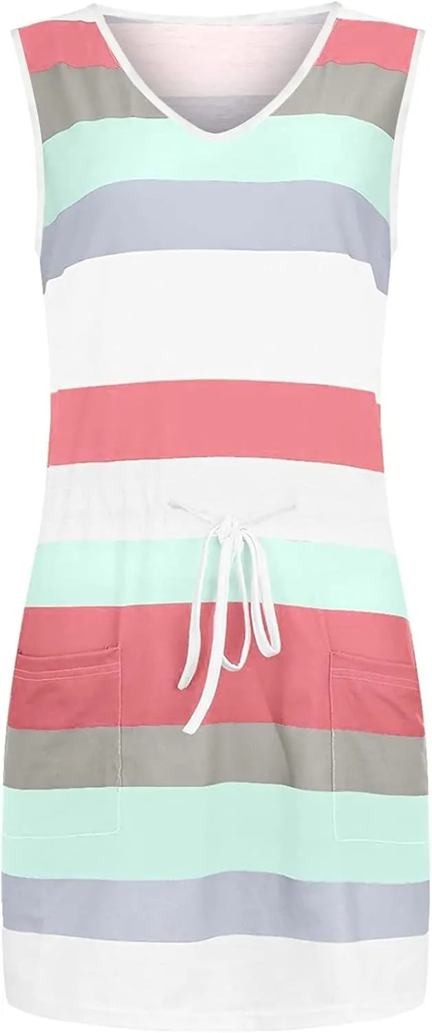 hlysgo Women Summer Petite Dresses 2025 Trendy Stripes Print Drawstring Waist Sleeveless Mini Dress Casual V Neck Sundress