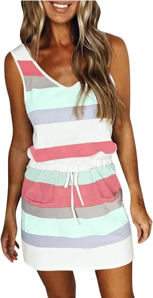 hlysgo Women Summer Petite Dresses 2025 Trendy Stripes Print Drawstring Waist Sleeveless Mini Dress Casual V Neck Sundress
