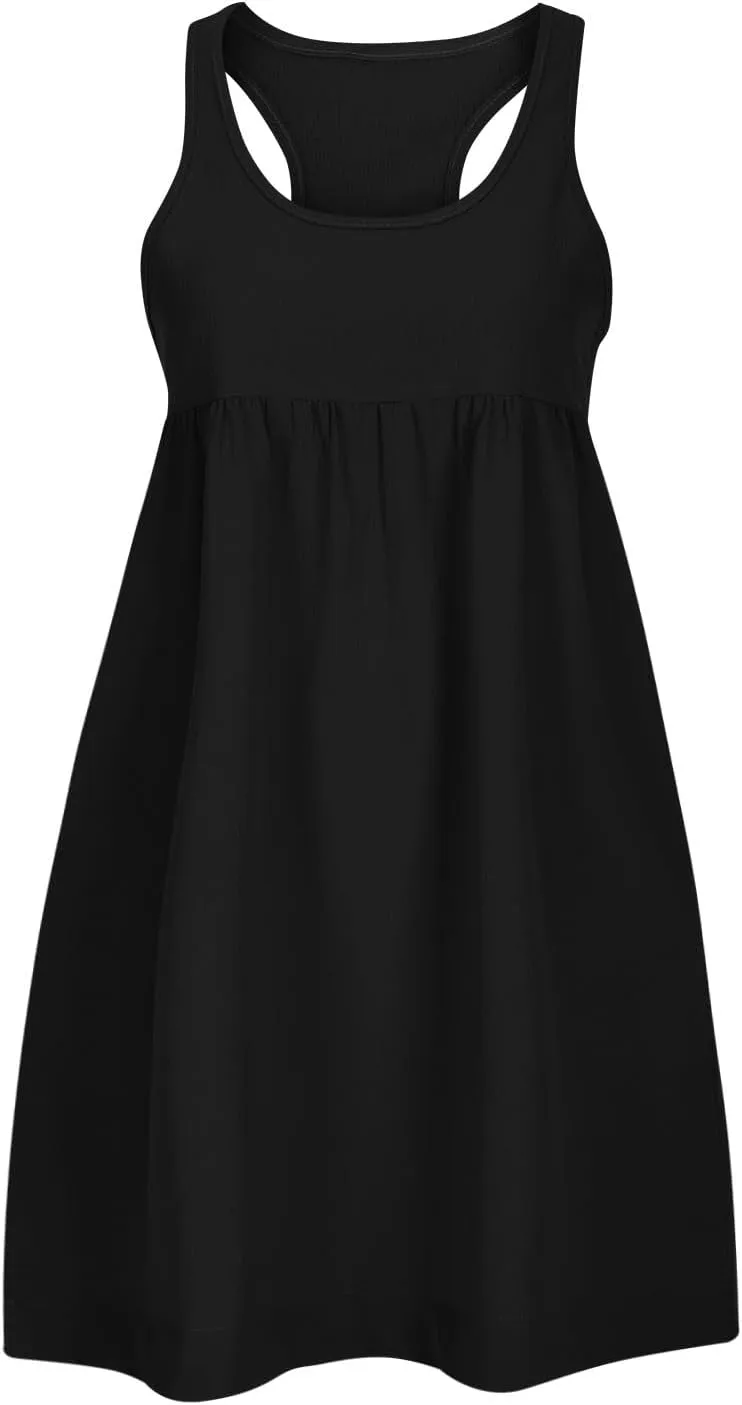 hlysgo Womens Babydoll Dresses Summer Casual Loose Fit Beach Sundress Trendy Sleeveless Crew Neck Mini Dress with Pockets