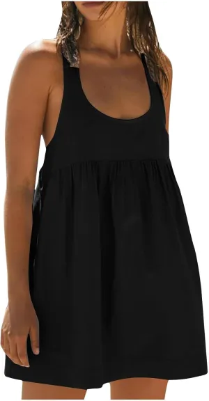 hlysgo Womens Babydoll Dresses Summer Casual Loose Fit Beach Sundress Trendy Sleeveless Crew Neck Mini Dress with Pockets