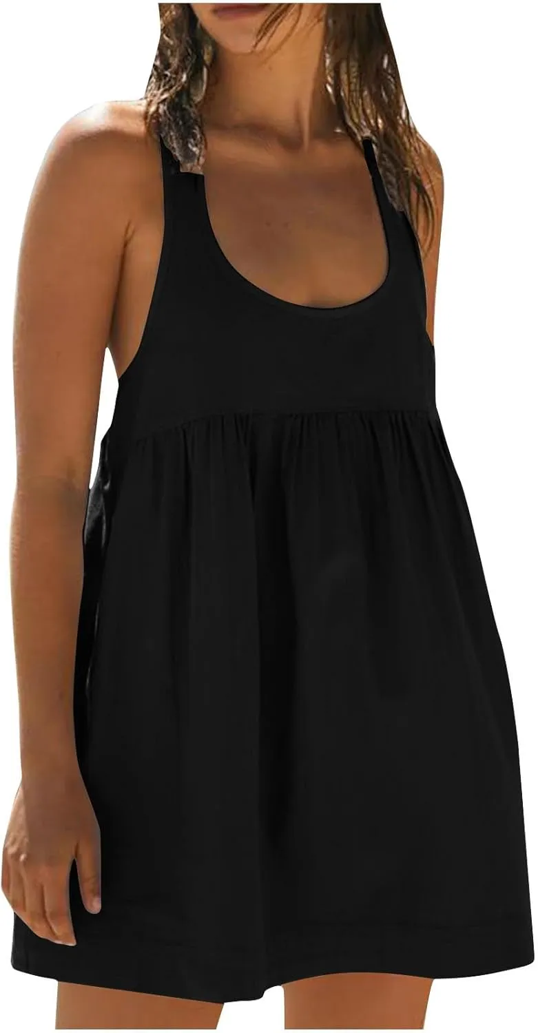 hlysgo Womens Babydoll Dresses Summer Casual Loose Fit Beach Sundress Trendy Sleeveless Crew Neck Mini Dress with Pockets