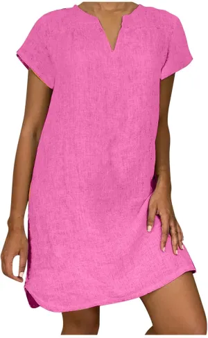 hlysgo Women's Casual Dresses Summer Loose Comfy Cotton Linen Vacation Mini Dress Plus Size Short Sleeve V Neck Beach Dress