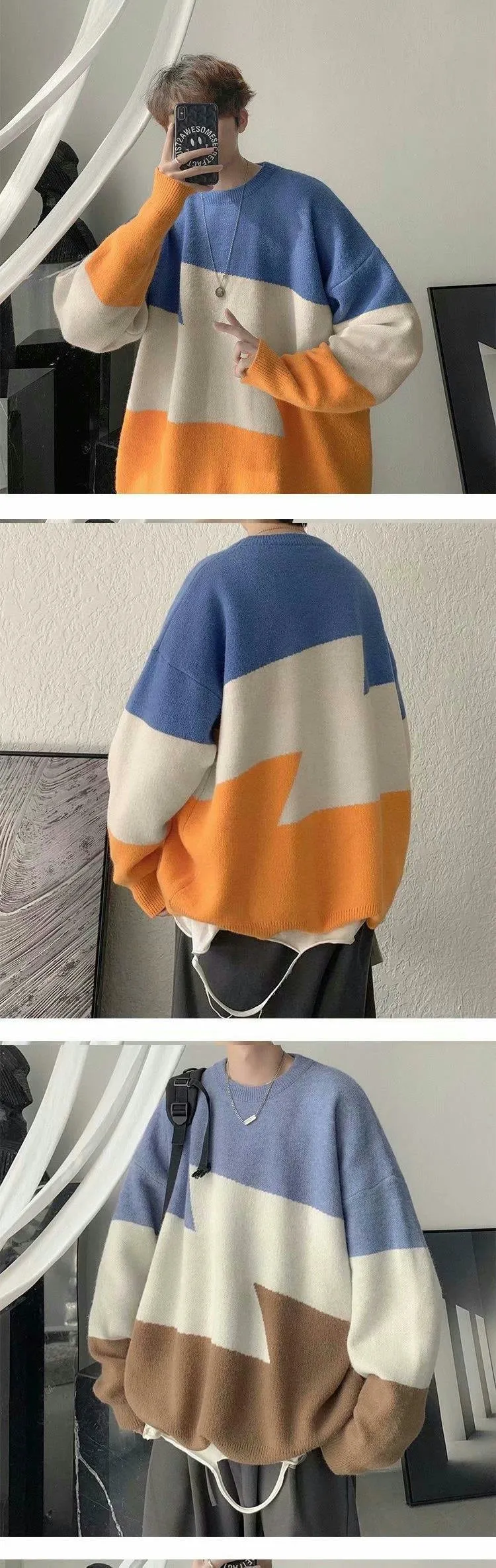 Hong Kong Style Color Stitching Thickened Keep Warm Inner Match Loose-Fit Sweater