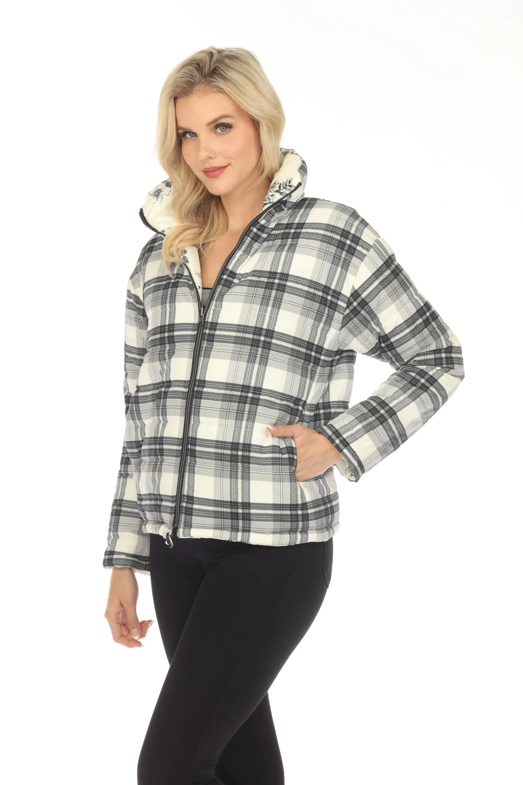Johnny Was Ivory Dreamer Reversible Floral Plaid Zip Front Jacket Boho Chic R47223