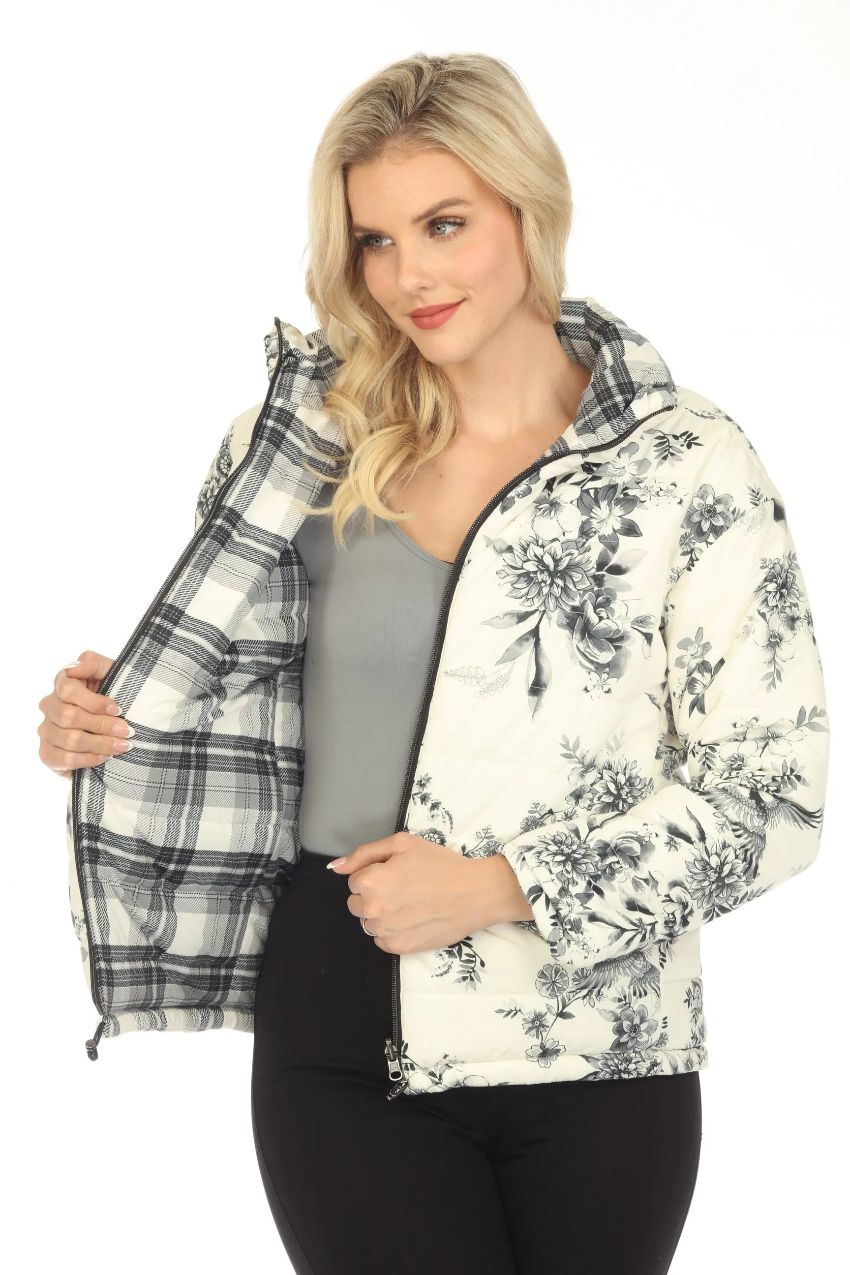 Johnny Was Ivory Dreamer Reversible Floral Plaid Zip Front Jacket Boho Chic R47223