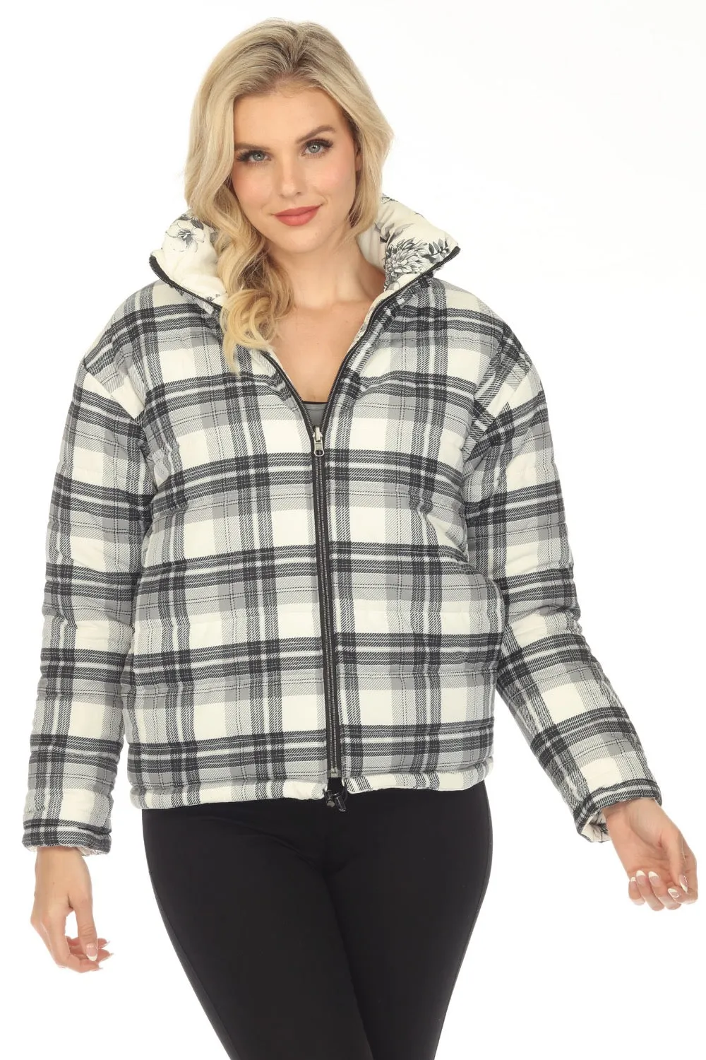 Johnny Was Ivory Dreamer Reversible Floral Plaid Zip Front Jacket Boho Chic R47223