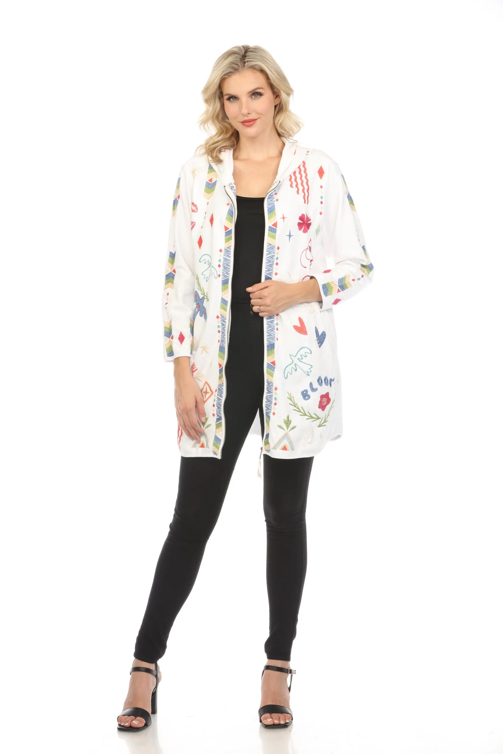 Johnny Was JWLA White Milley French Terry Zip Up Coat Boho Chic J40224