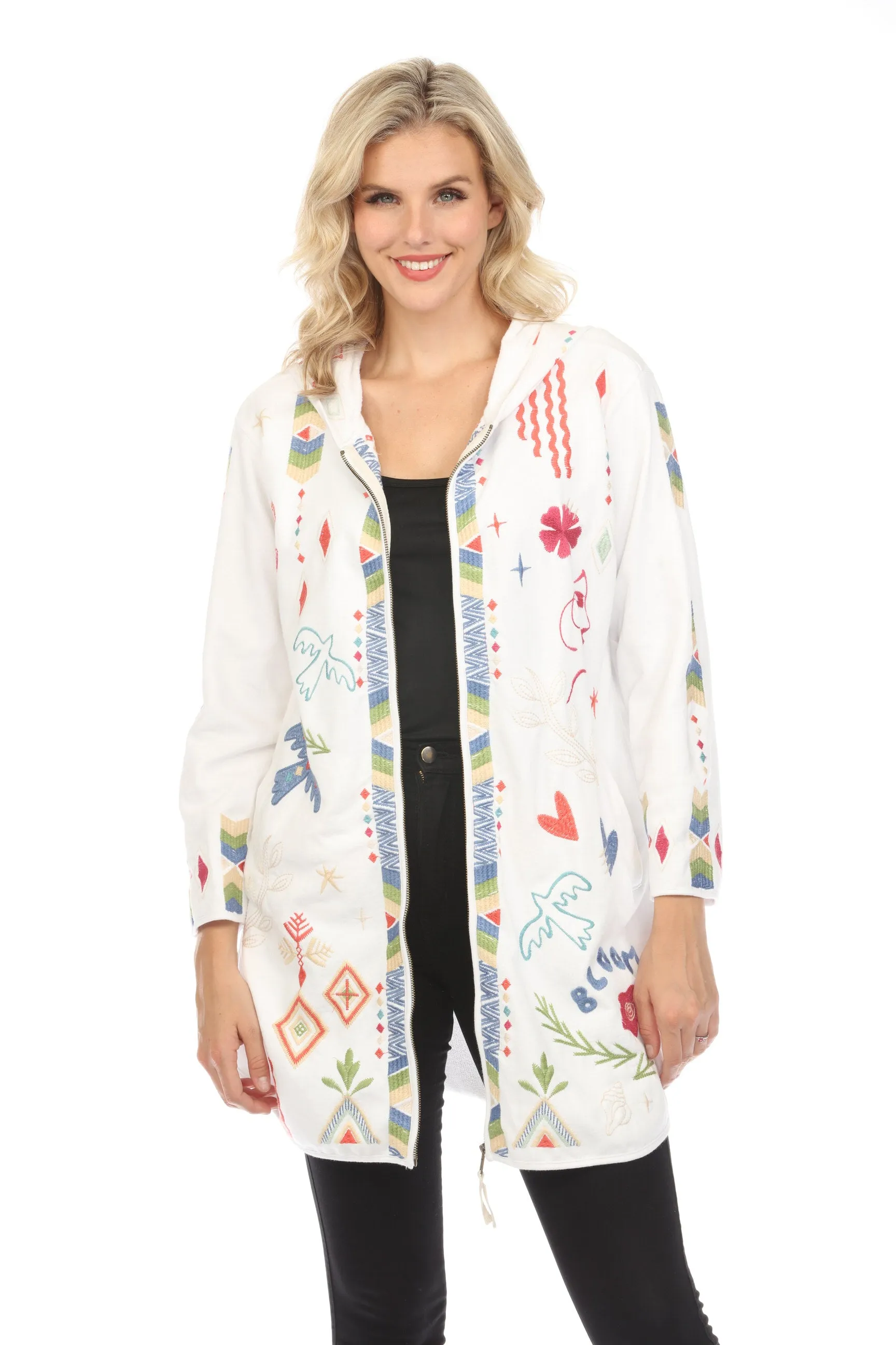Johnny Was JWLA White Milley French Terry Zip Up Coat Boho Chic J40224
