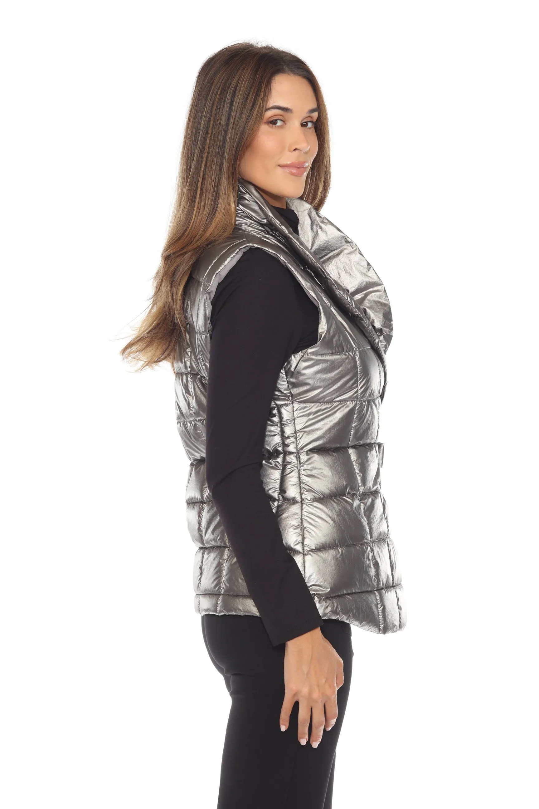 Joseph Ribkoff Pewter Metallic Quilted Puffer Vest 244908