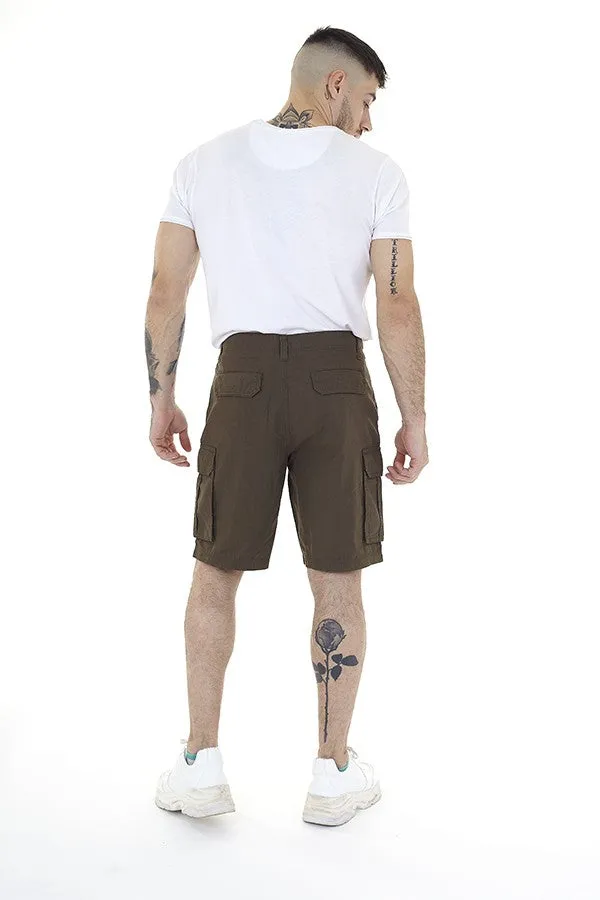 KHAKI POCKET DETAIL COTTON CANVAS UTILITY SHORTS