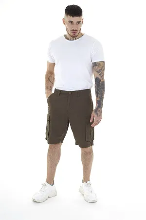 KHAKI POCKET DETAIL COTTON CANVAS UTILITY SHORTS