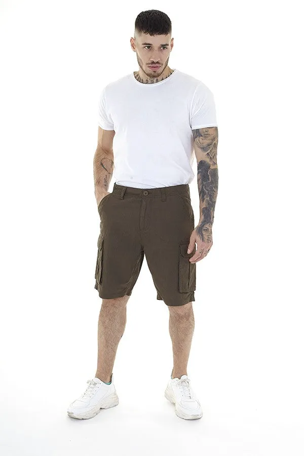 KHAKI POCKET DETAIL COTTON CANVAS UTILITY SHORTS