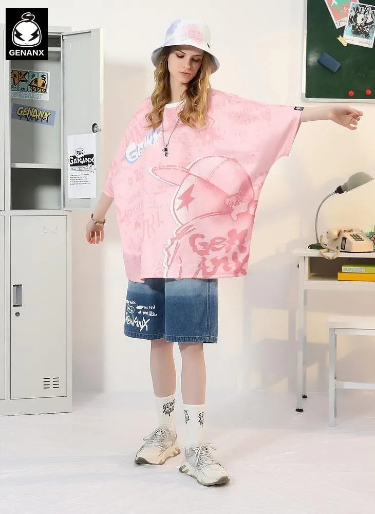 Letter Full Print Cartoon Color Block Round Neck T-Shirt