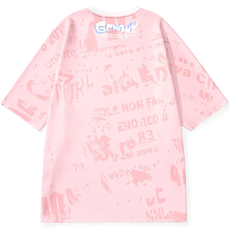 Letter Full Print Cartoon Color Block Round Neck T-Shirt