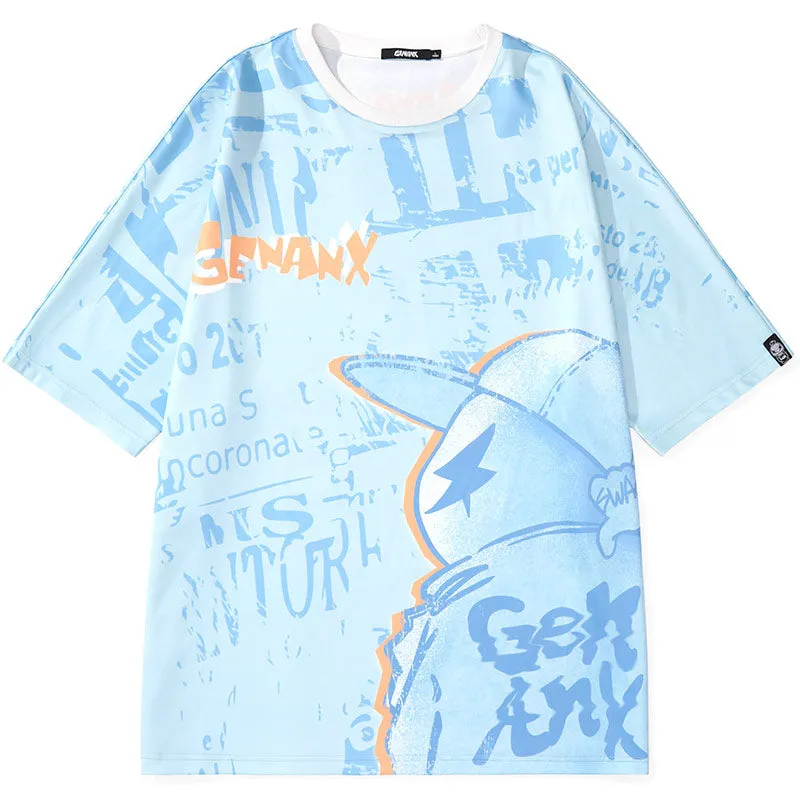 Letter Full Print Cartoon Color Block Round Neck T-Shirt