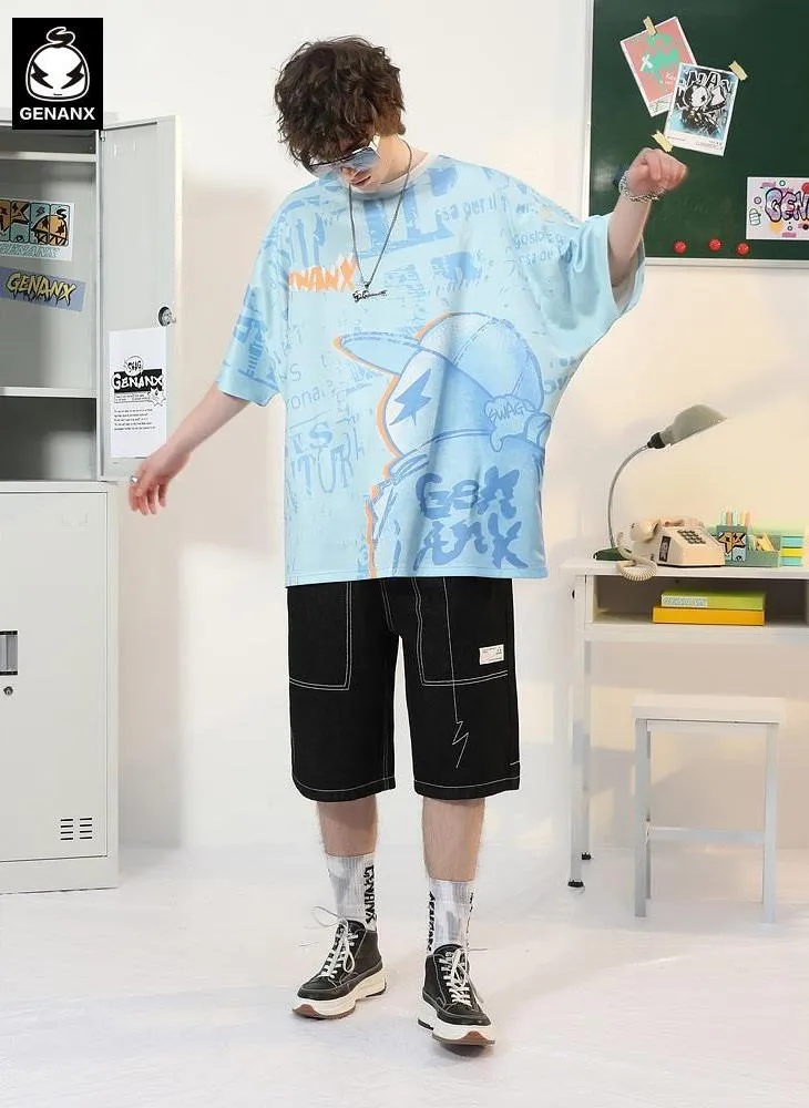 Letter Full Print Cartoon Color Block Round Neck T-Shirt