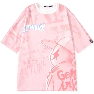 Letter Full Print Cartoon Color Block Round Neck T-Shirt