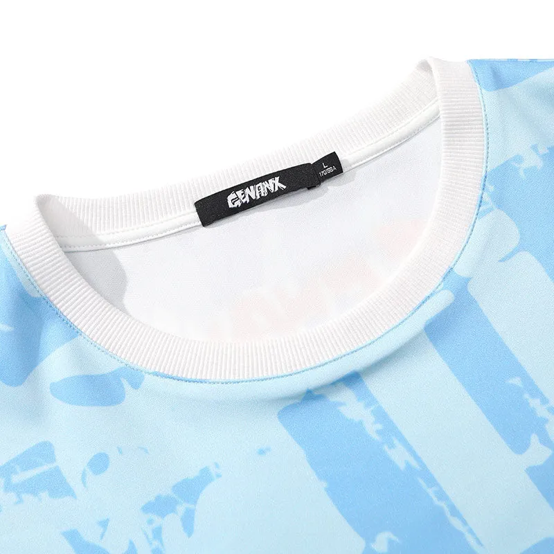 Letter Full Print Cartoon Color Block Round Neck T-Shirt